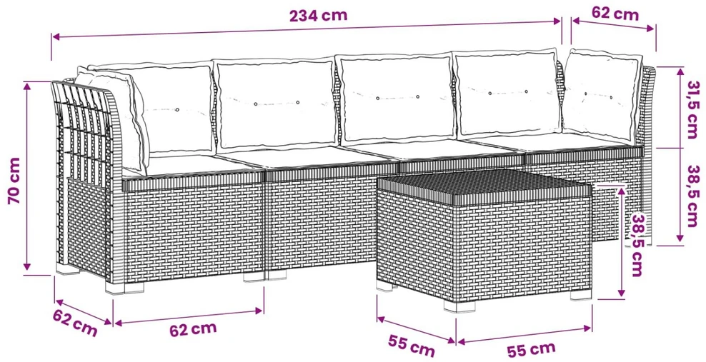 4 vietų sodo sofa su pagalvėmis pintinės išvaizdos PP Balta