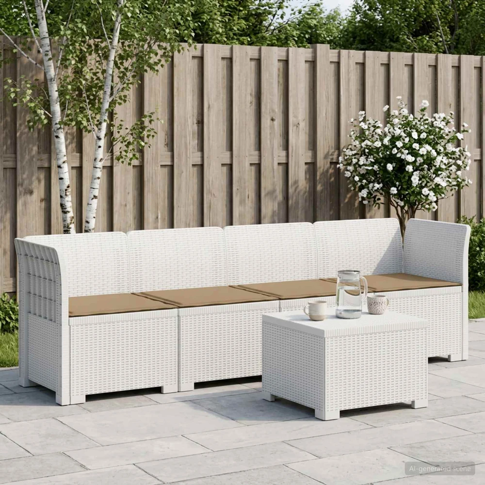 4 vietų sodo sofa su pagalvėmis pintinės išvaizdos PP Balta