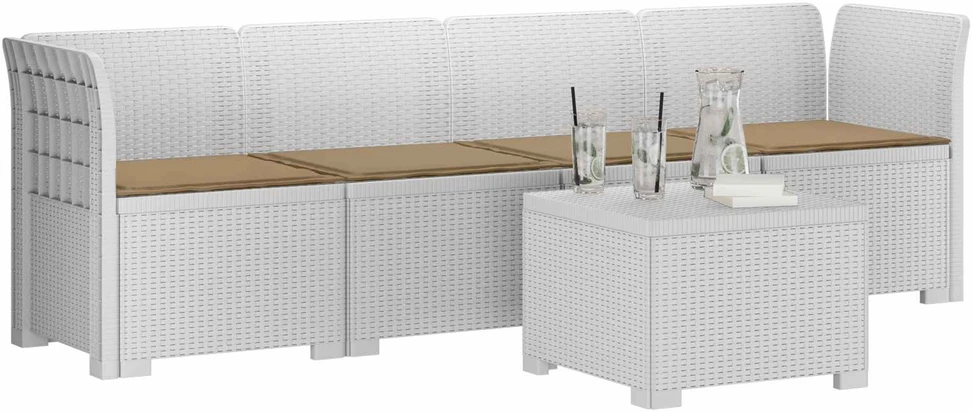 4 vietų sodo sofa su pagalvėmis pintinės išvaizdos PP Balta