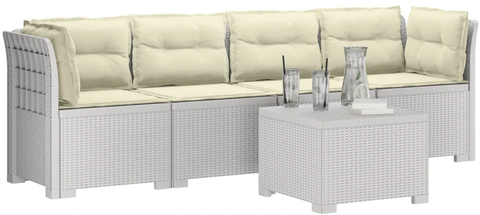 4 vietų sodo sofa su pagalvėmis pintinės išvaizdos PP Balta