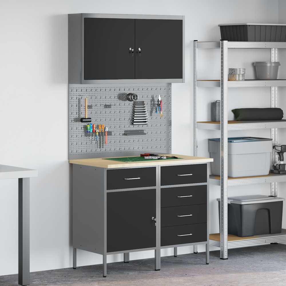 Darbo spinta 5 pcs Juoda Inžinerinė mediena ir plienas