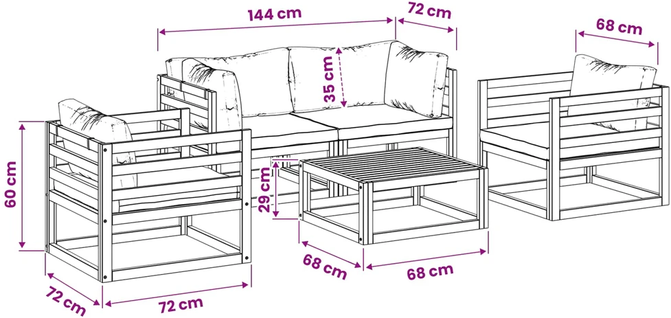 5 dalių sodo poilsio komplektas modulinis Natūrali
