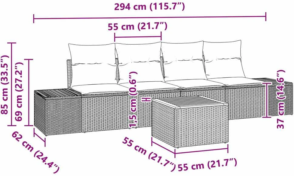 Lauko baldų komplektas Sodo Sofų Rinkinys 5 vnt. Juoda poliratanas