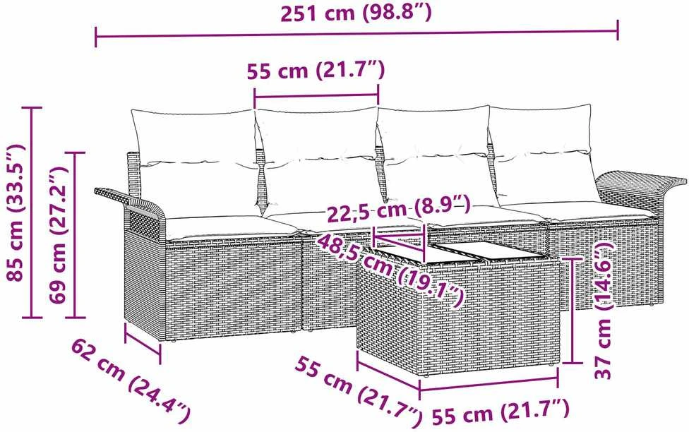 Lauko baldų komplektas Sofos komplektas 5 vnt. Ruda poliratanas