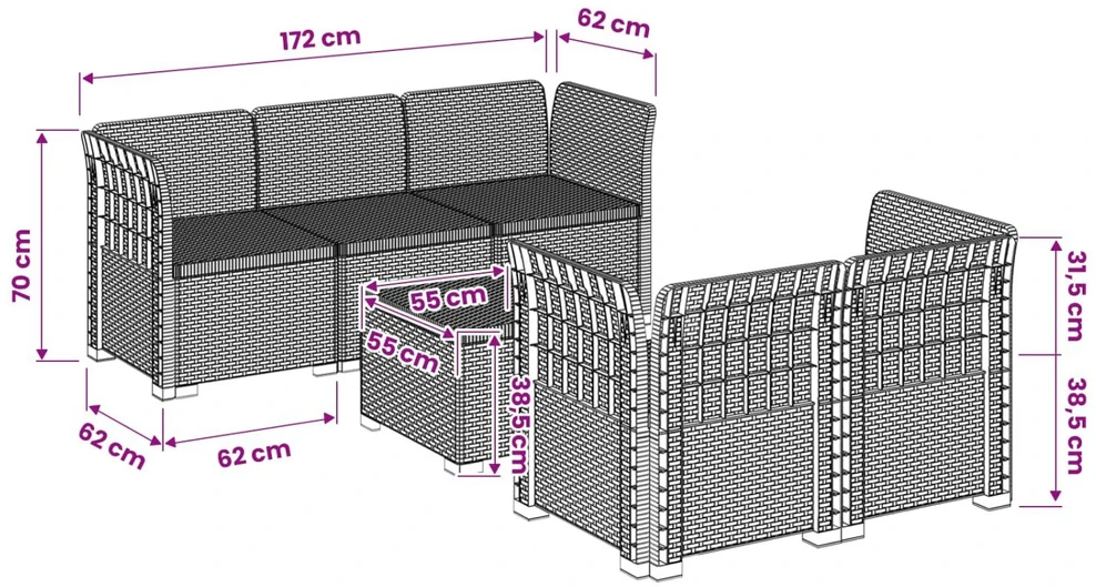 5-vietė sodo sofa Rataninio išvaizdos PP Ruda