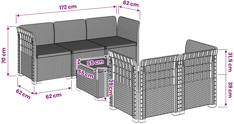 5-vietė sodo sofa Rataninio išvaizdos PP Antracito