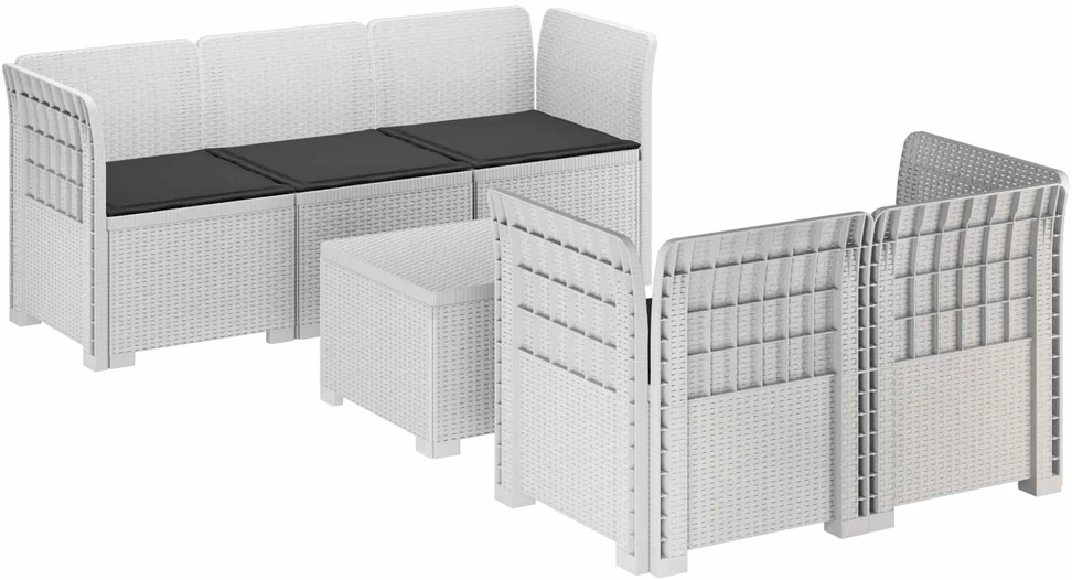 5-vietė sodo sofa su pagalvėlėmis Rataninio išvaizdos PP Balta