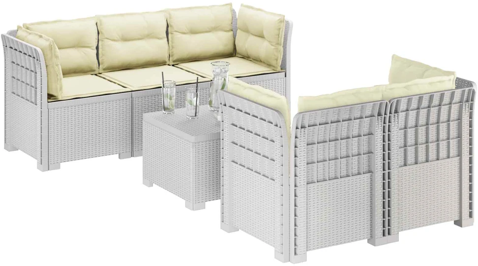 5-vietė sodo sofa su pagalvėlėmis Rataninio išvaizdos PP Balta