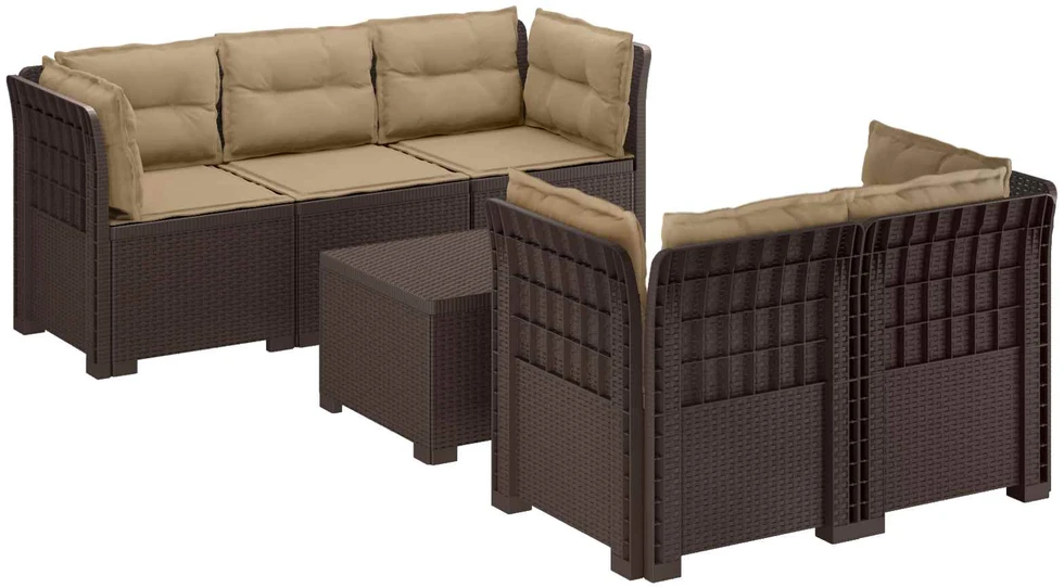 5-vietė sodo sofa su pagalvėlėmis Rataninio išvaizdos PP Ruda