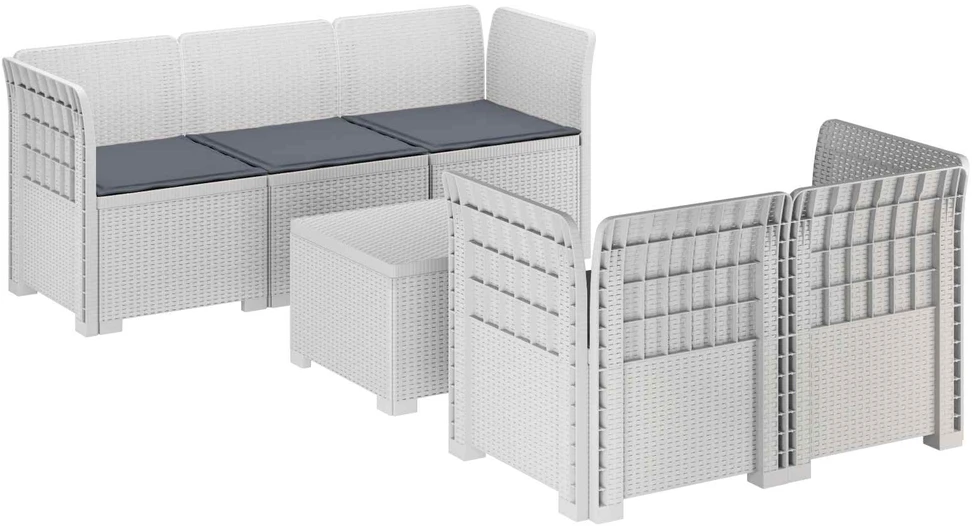 5-vietė sodo sofa su pagalvėlėmis Rataninio išvaizdos PP Balta
