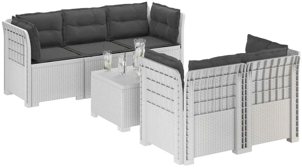 5-vietė sodo sofa su pagalvėlėmis Rataninio išvaizdos PP Balta