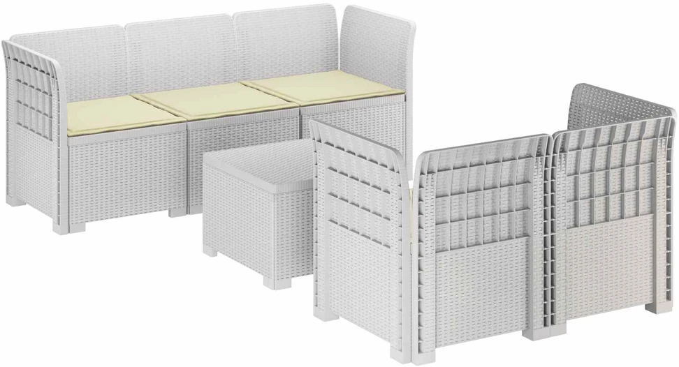 5-vietė sodo sofa su pagalvėlėmis Rataninio išvaizdos PP Balta