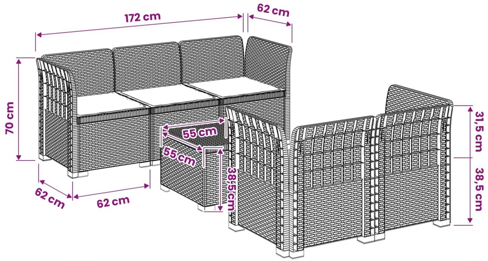 5-vietė sodo sofa su pagalvėlėmis Rataninio išvaizdos PP