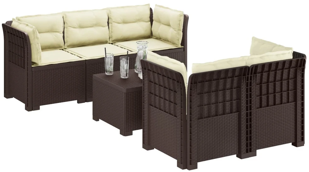 5-vietė sodo sofa su pagalvėlėmis Rataninio išvaizdos PP Ruda