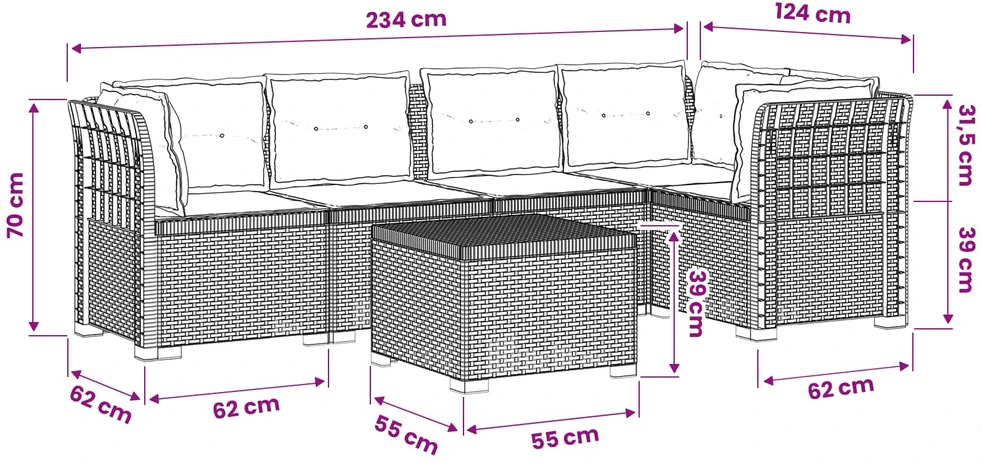 5-vietė sodo sofa su pagalvėlėmis Rataninio išvaizdos PP Balta