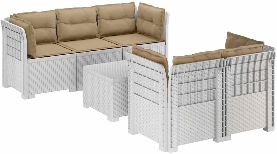5-vietė sodo sofa su pagalvėlėmis Rataninio išvaizdos PP Balta