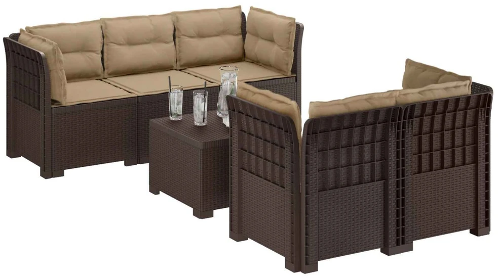5-vietė sodo sofa su pagalvėlėmis Rataninio išvaizdos PP Ruda