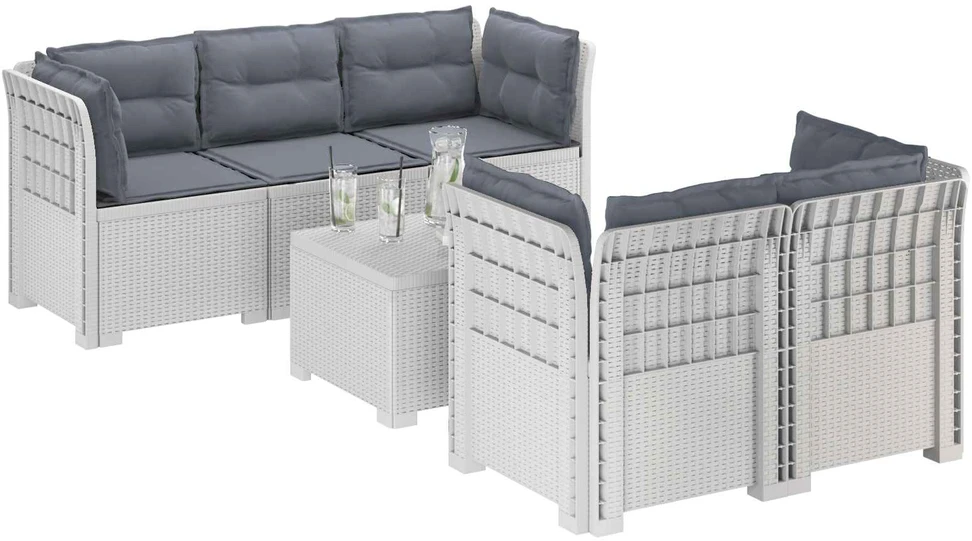5-vietė sodo sofa su pagalvėlėmis Rataninio išvaizdos PP Balta