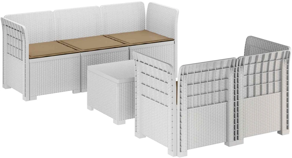5-vietė sodo sofa su pagalvėlėmis Rataninio išvaizdos PP Balta