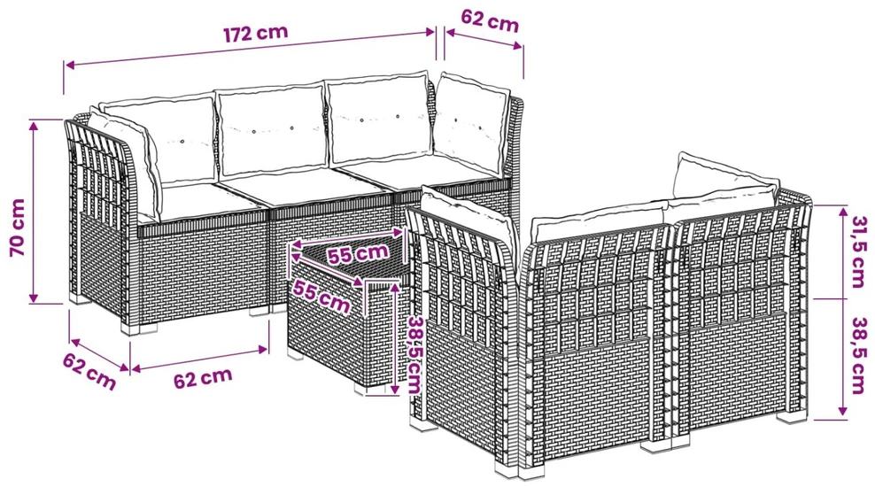 5-vietė sodo sofa su pagalvėlėmis Rataninio išvaizdos PP Balta