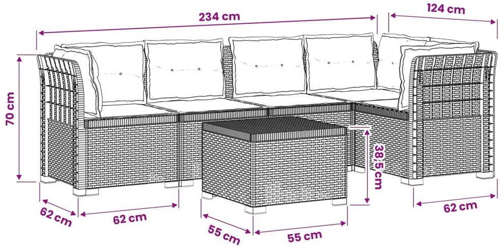 5-vietė sodo sofa su pagalvėlėmis Rataninio išvaizdos PP Ruda