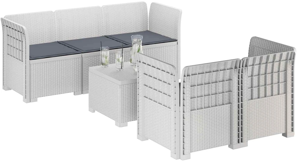5-vietė sodo sofa su pagalvėlėmis Rataninio išvaizdos PP Balta