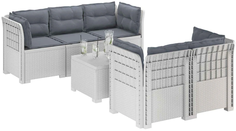 5-vietė sodo sofa su pagalvėlėmis Rataninio išvaizdos PP Balta