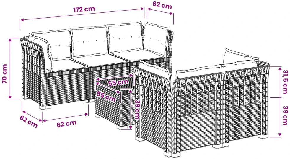5-vietė sodo sofa su pagalvėlėmis Rataninio išvaizdos PP