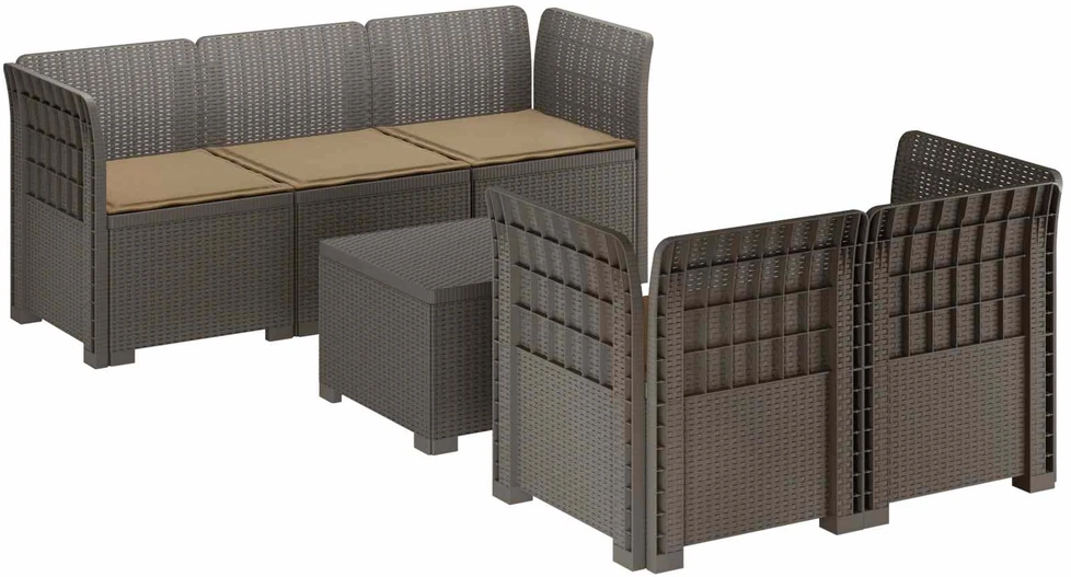5-vietė sodo sofa su pagalvėlėmis Rataninio išvaizdos PP