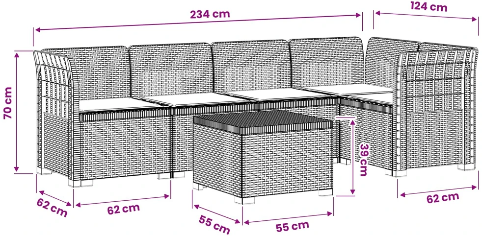 5-vietė sodo sofa su pagalvėlėmis Rataninio išvaizdos PP Ruda