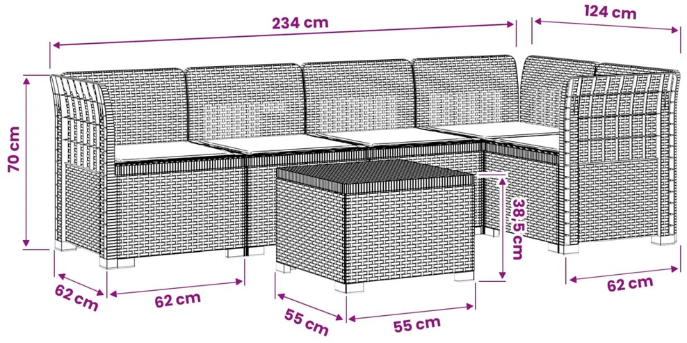 5-vietė sodo sofa su pagalvėlėmis Rataninio išvaizdos PP