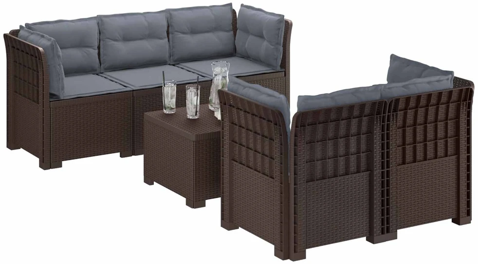 5-vietė sodo sofa su pagalvėlėmis Rataninio išvaizdos PP Ruda