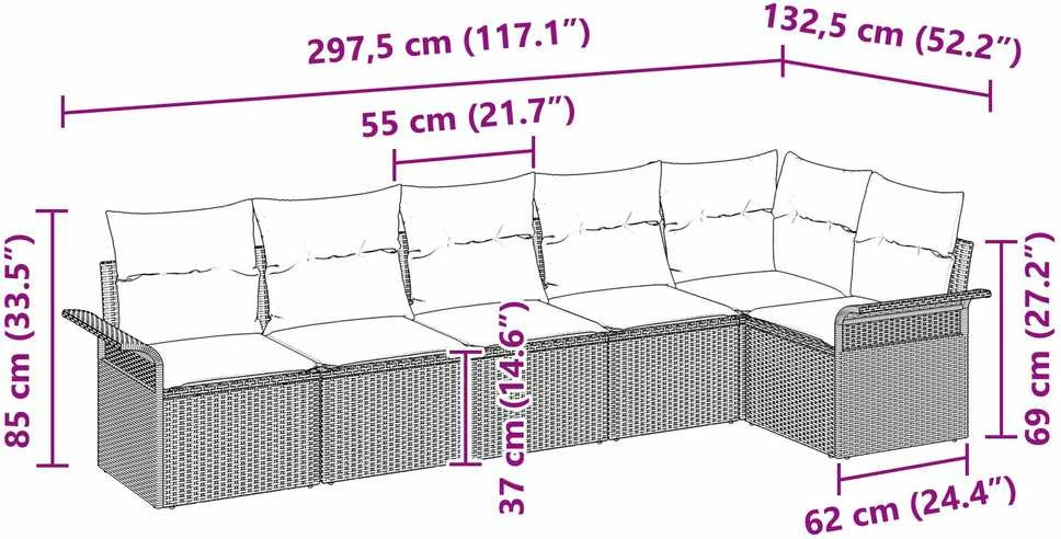 Lauko baldų komplektas Sodo Sofų Rinkinys 6 vnt. Pilka poliratanas