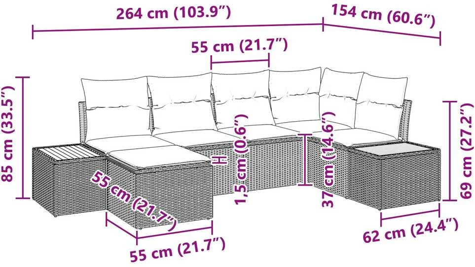 Lauko baldų komplektas Sodo Sofų Rinkinys su pagalve 6 pcs Juoda poliratanas