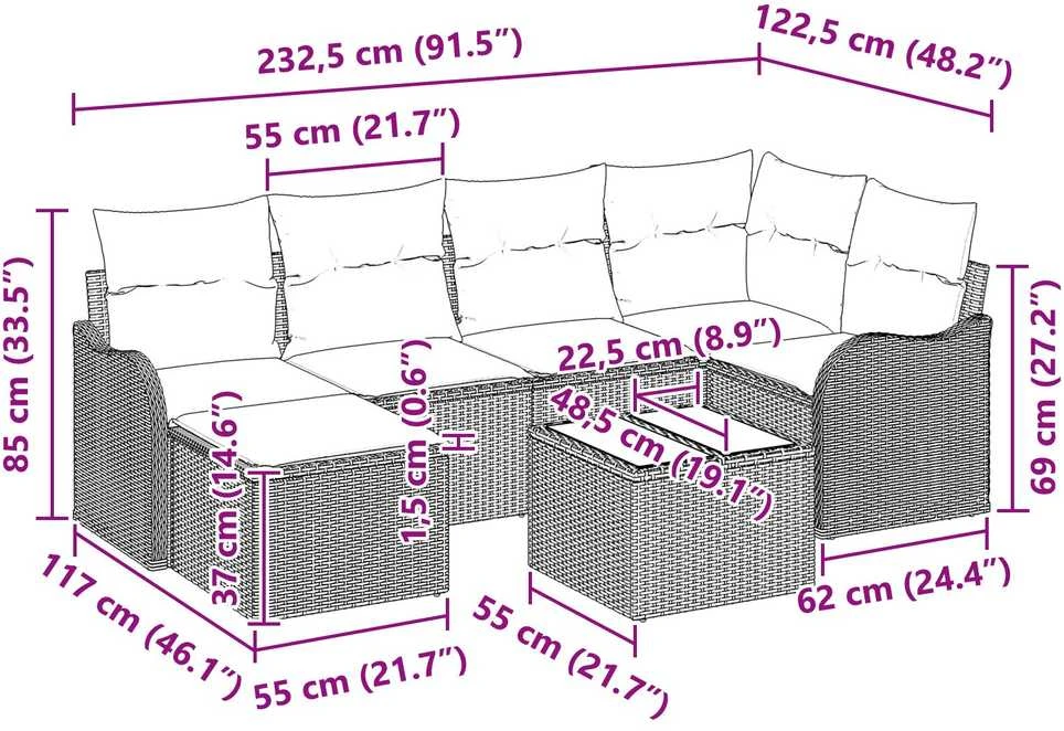 Sodo Sofų Rinkinys su pagalve 7 pcs Juoda Poli ratanas