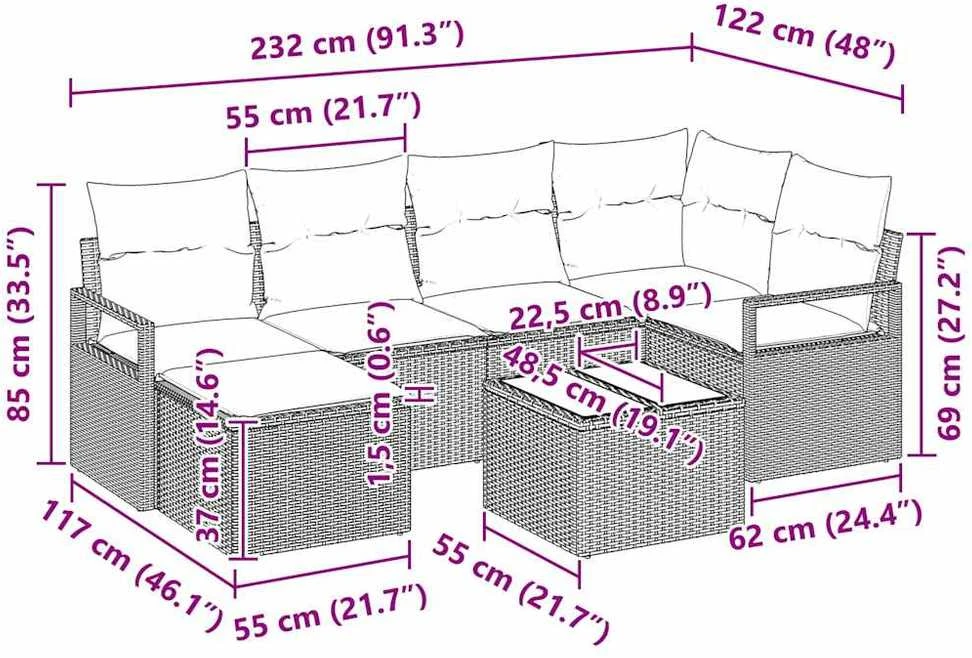 Lauko baldų komplektas Sofos komplektas 7 pcs Juoda poliratanas