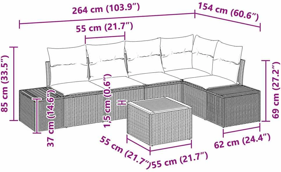 Lauko baldų komplektas Sodo Sofų Rinkinys 6 vnt. Pilka poliratanas