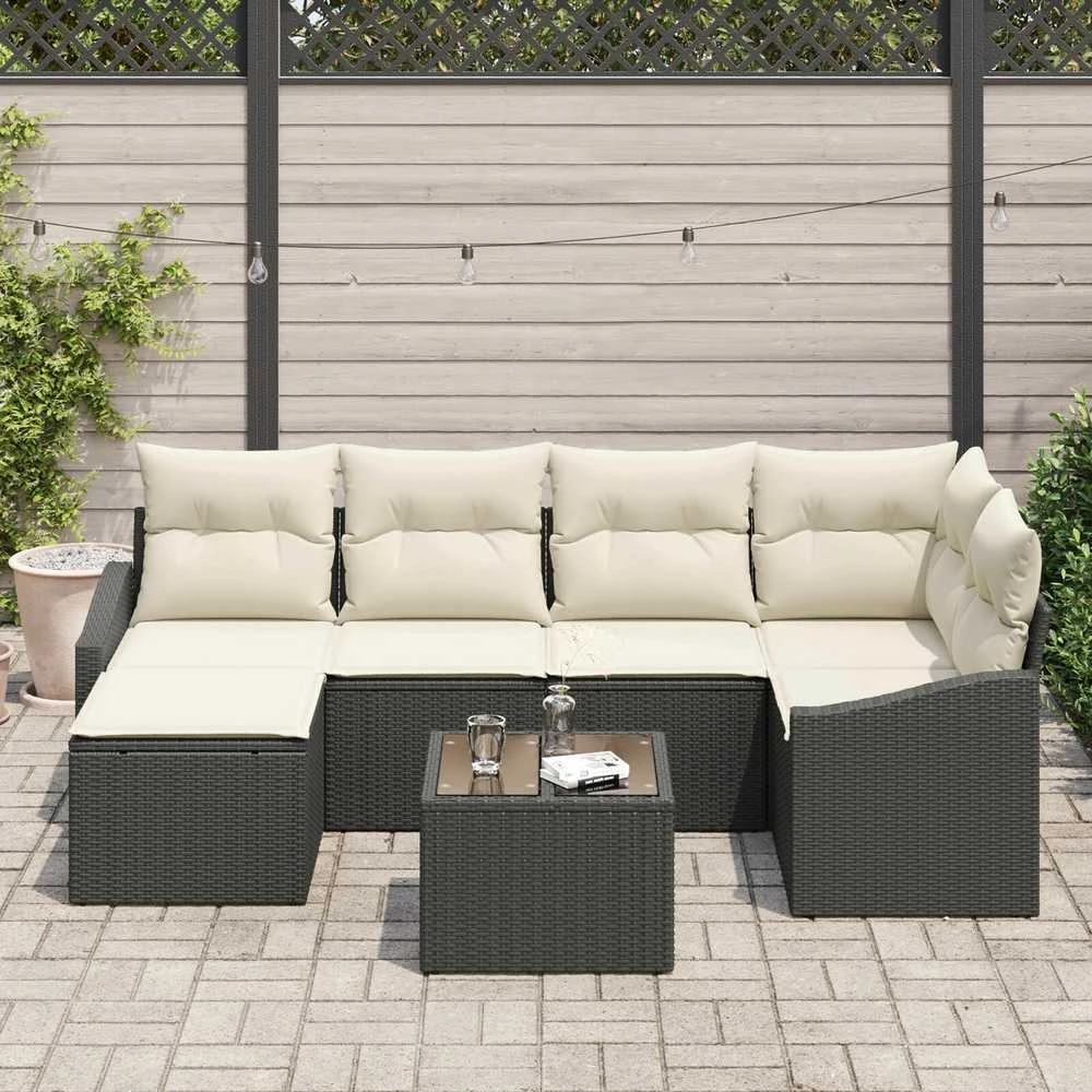 Lauko baldų komplektas Sofos komplektas su pagalve 7 pcs Juoda poliratanas