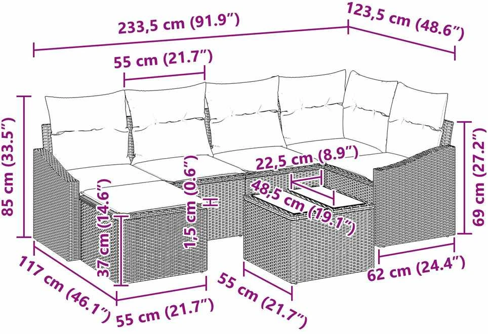 Lauko baldų komplektas Sofos komplektas su pagalve 7 pcs Juoda poliratanas