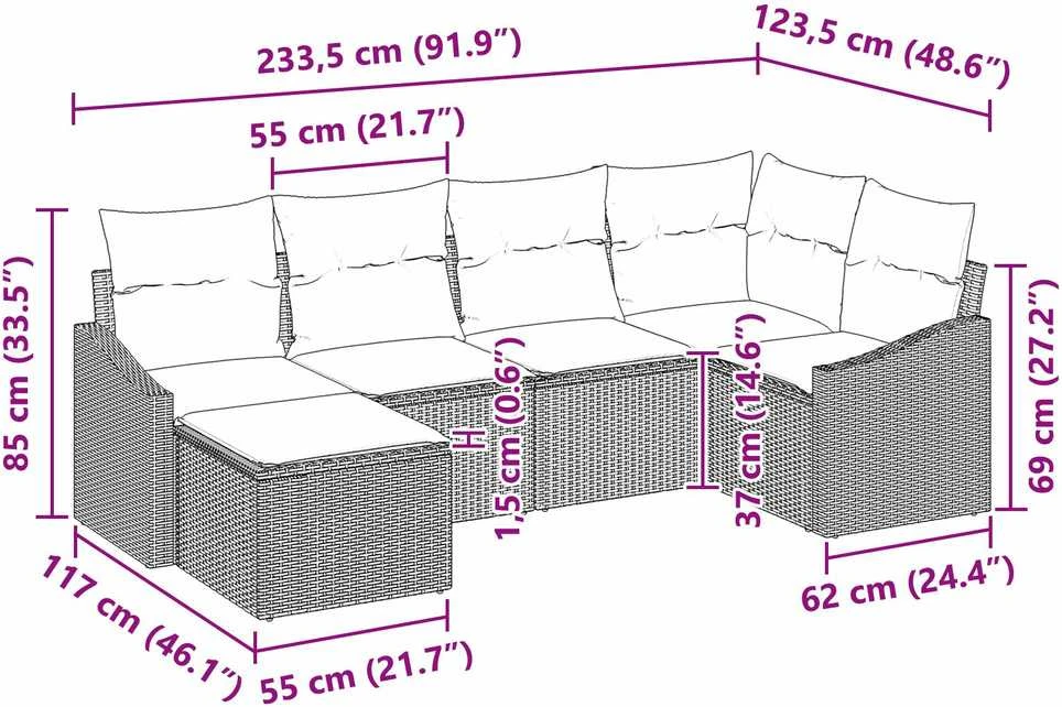 Lauko baldų komplektas Sofos komplektas 6 vnt. Ruda poliratanas