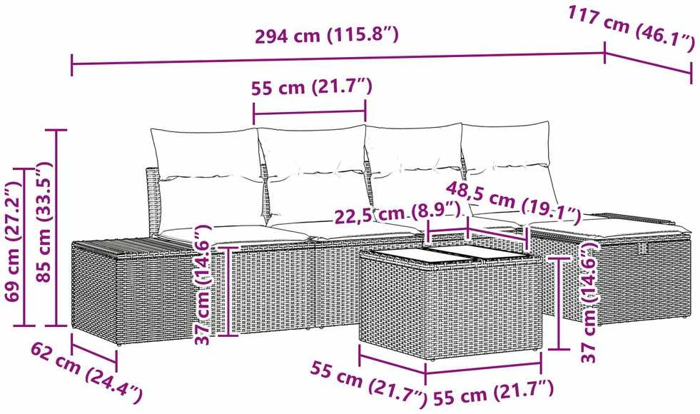 Lauko baldų komplektas Sodo Sofų Rinkinys 6 vnt. Pilka poliratanas