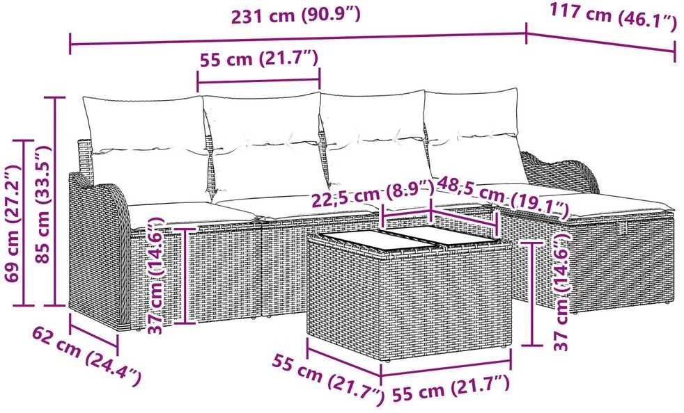 Sodo Sofų Rinkinys 6 vnt. 4-Vietų skaičius Juoda ir kreminė