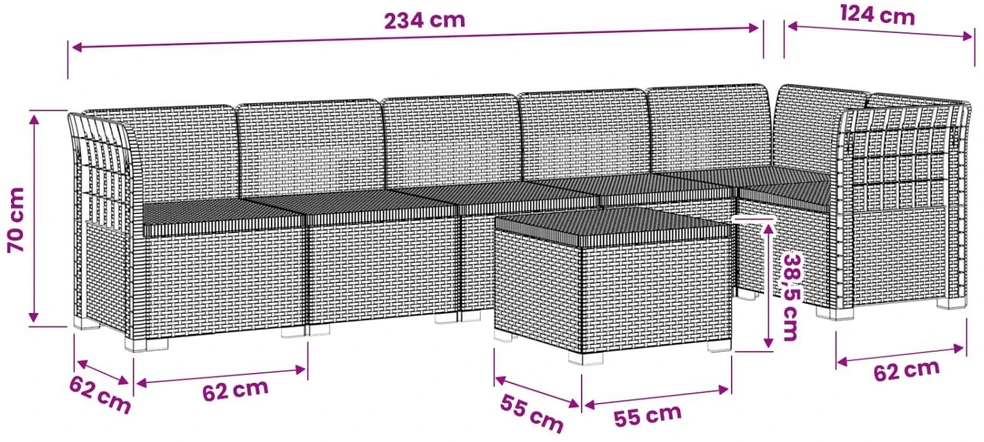 6-vietė Sodo Sofa Su Rataniniu Išvaizdu PP Balta