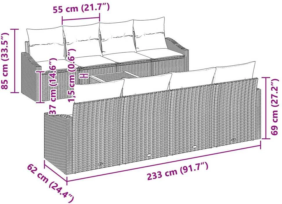 Lauko baldų komplektas Sodo Sofų Rinkinys 9 vnt. Pilka poliratanas