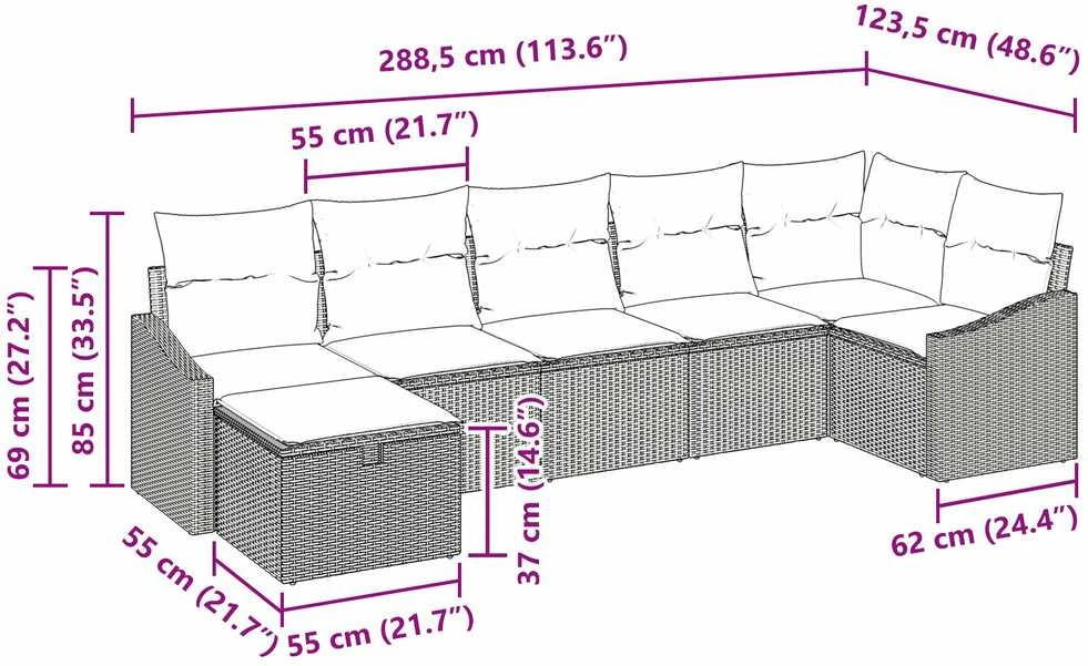 Lauko baldų komplektas Sofos komplektas 7 vnt. Šviesiai pilka poliratanas