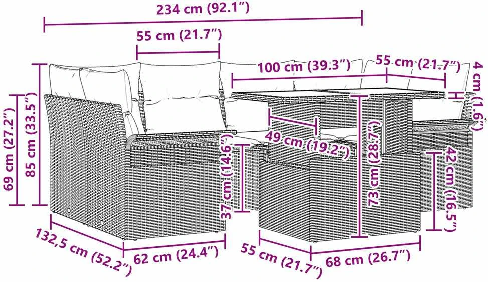 Lauko baldų komplektas Sodo Sofų Rinkinys 7 vnt. Pilka poliratanas