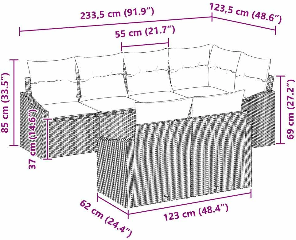 Lauko baldų komplektas Sofos komplektas su pagalve 7 pcs Juoda poliratanas