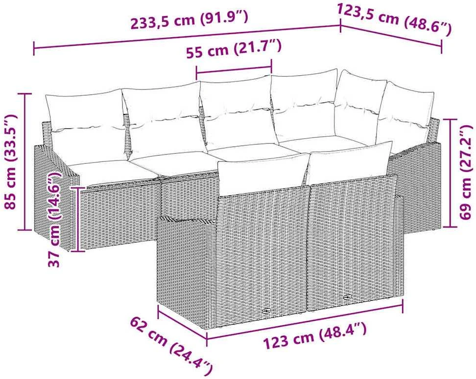 Lauko baldų komplektas Sofos komplektas su pagalve 7 pcs Juoda poliratanas