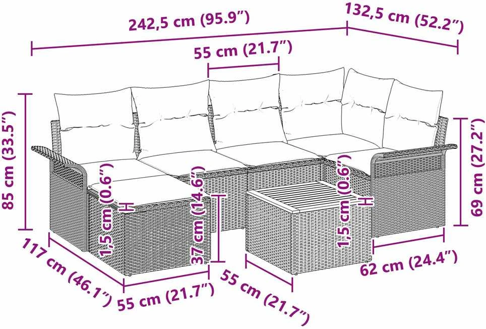 Lauko baldų komplektas Sodo Sofų Rinkinys su pagalve 7 pcs Juoda poliratanas