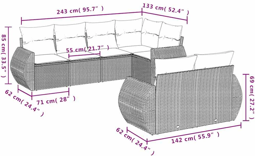 7 dalių sodo sofų komplektas su pagalvėlėmis, juodas, poliratanas